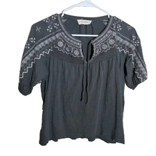 Lucky Brand Blouse Women's XS Gray V-Neck Boho Embroidered Casual Shirt Top