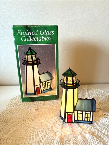 Holiday Creations Stained Glass Tiffany Style Lamp Vtg Xmas Village LIGHT HOUSE