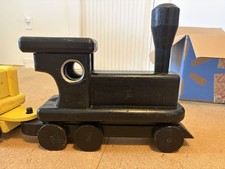 Vintage Wooden Toy Train Set Black Engine Yellow Car Red Caboose w/ Wheels