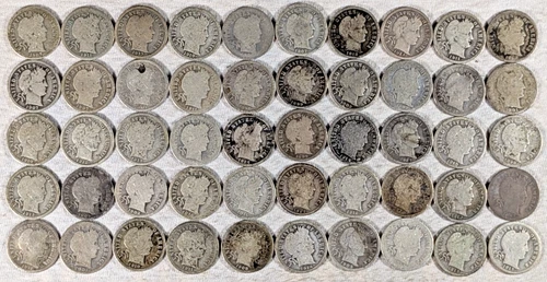 LOT OF 50 BARBER DIMES 90% SILVER COINS $5 FACE VALUE #73