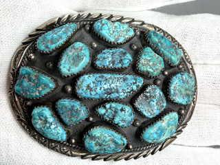 Hebilla de cinturón vintage navajo turquesa plata esterlina .925 racimo de 15 piedras 69 3 g