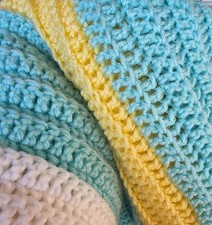 Hand Crocheted Baby Lap Blanket Afghan Yellow Mint  White 40"x32" BEAUTIFUL 