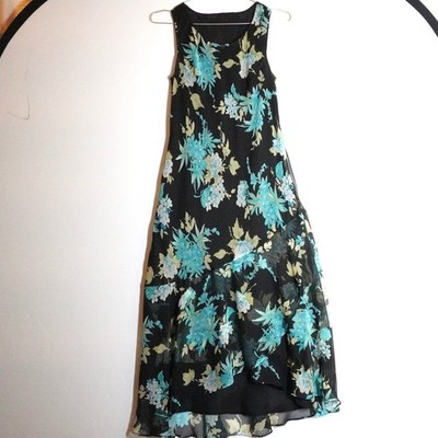 VTG Y2K Flowy Floral Maxi Dress Teal Blue Black Asymmetric Tiered  Sleeveless S | eBay