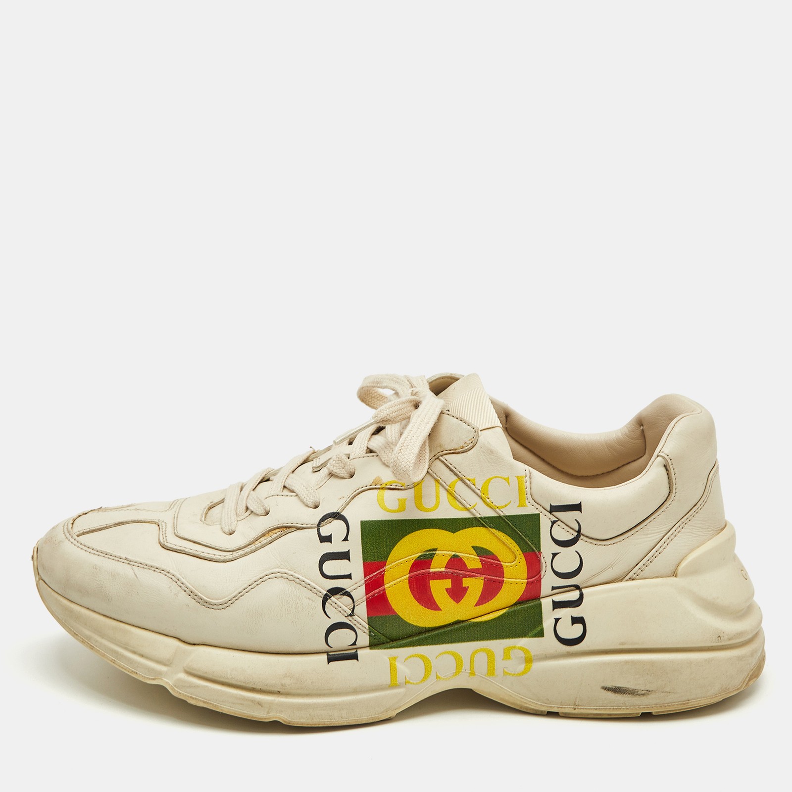 Gucci Rhyton GG Logo Cream Leather Platform Sneakers Size 44.5