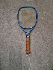 Vintage TRAQ Model 20 Racquetball Racket  Blue Metal Frame Leather Grip 70s  80s