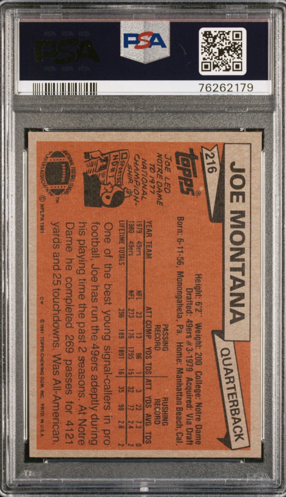 1981 Topps - Joe Montana #216 (RC) - PSA 7 view 2