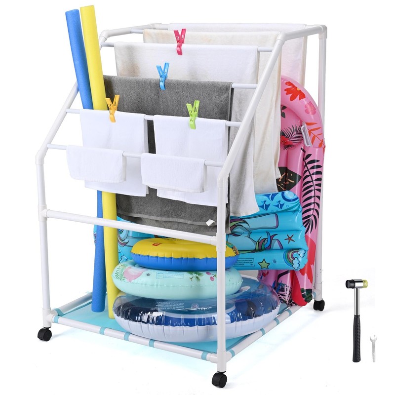 Yescom Poolside PVC Towel Rack Holder Heavy Duty 7 Bar Floats Storage Blue Net