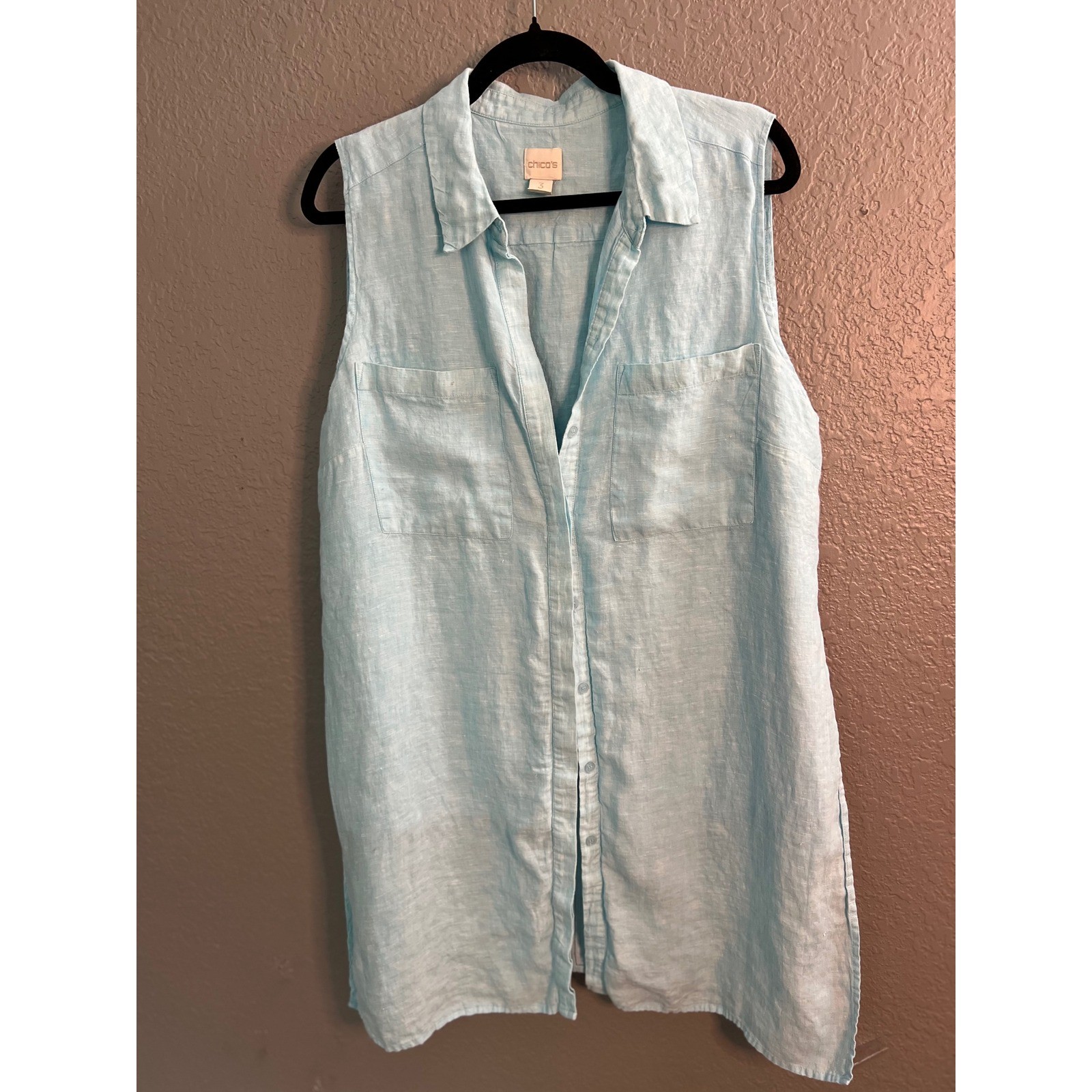 Chicos Linen Side Slit Tunic Shirt 3/XL Blue Sleeveless Button Up Boho Lagenlook