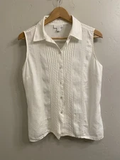Charter Club Women’s Size 10 White 100% Linen Sleeveless Pintuck Blouse