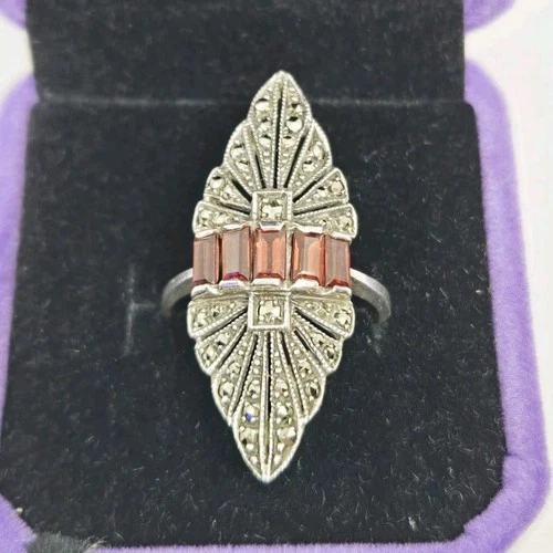 Vintage Sterling Silver Ring Red Garnet Baguette Stone Cluster Art Deco Style s7