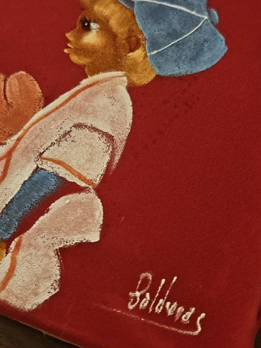 Quadro vintage velluto rosso bambino ragazzo che gioca baseball dipinto a mano Messico 8x10 - Foto 2 di 10