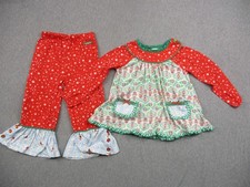 Matilda Jane Pajama Set Girls 4 Red Green Christmas Ornaments Stars Ruffle 2pc