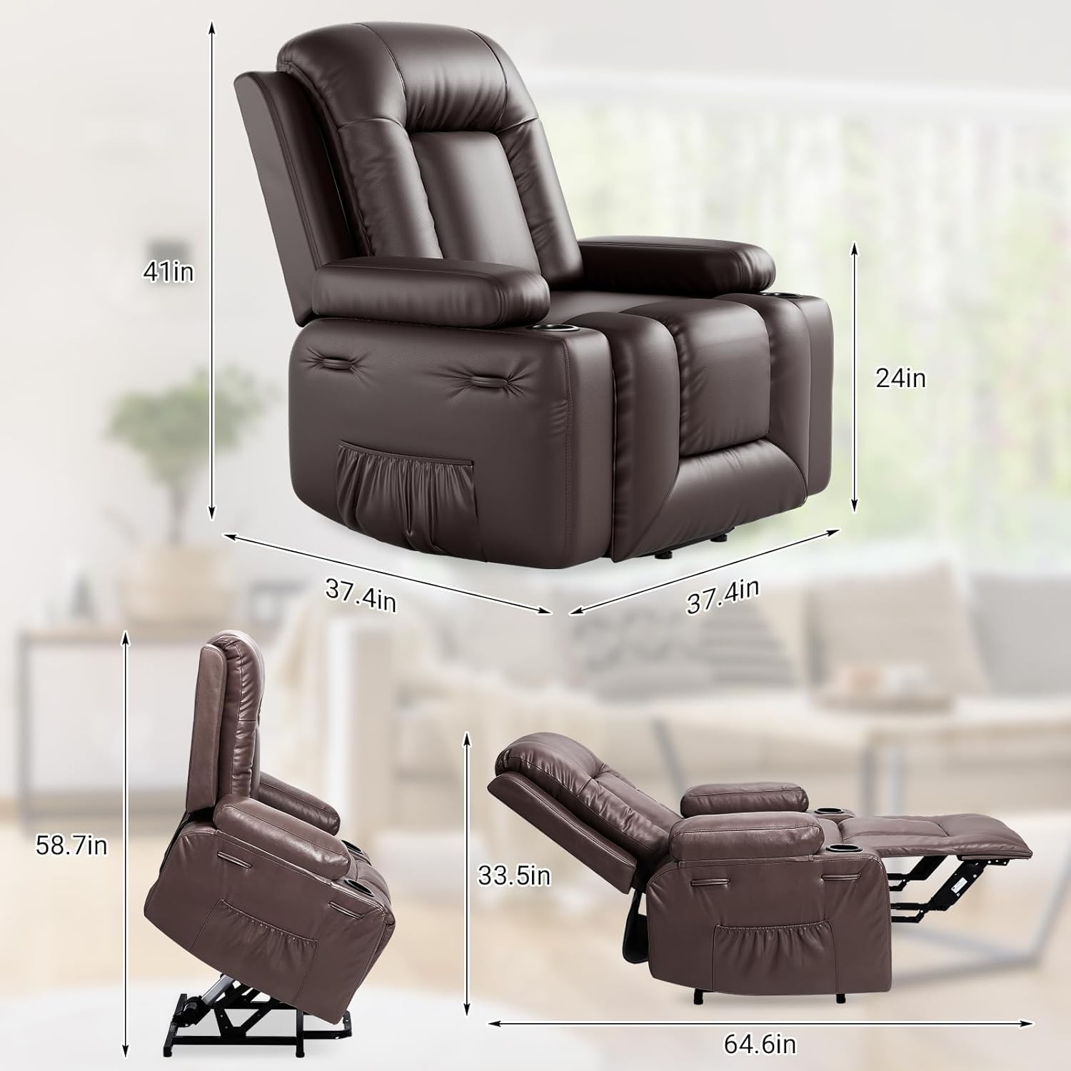 Power Lift Recliner Chair with Massage & Heat, 3 Positions, Side Pocket, Brown
