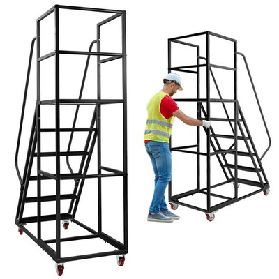6 Step 550kg Steel Rolling Platform Step Ladder w/ Safety Guardrail Fence Black
