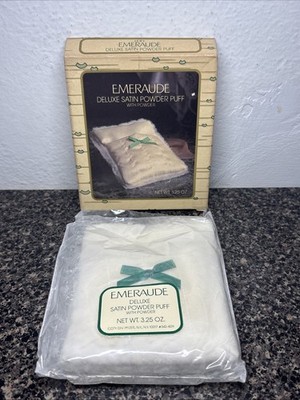 VINTAGE COTY EMERAUDE DELUXE SATIN POWDER PUFF W/BOX AND PLASTIC COVER 3.25 OZ