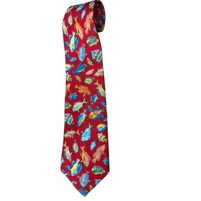 Gucci Mens Red Silk Tropical Fish Print Italian Designer Necktie Accessory READ