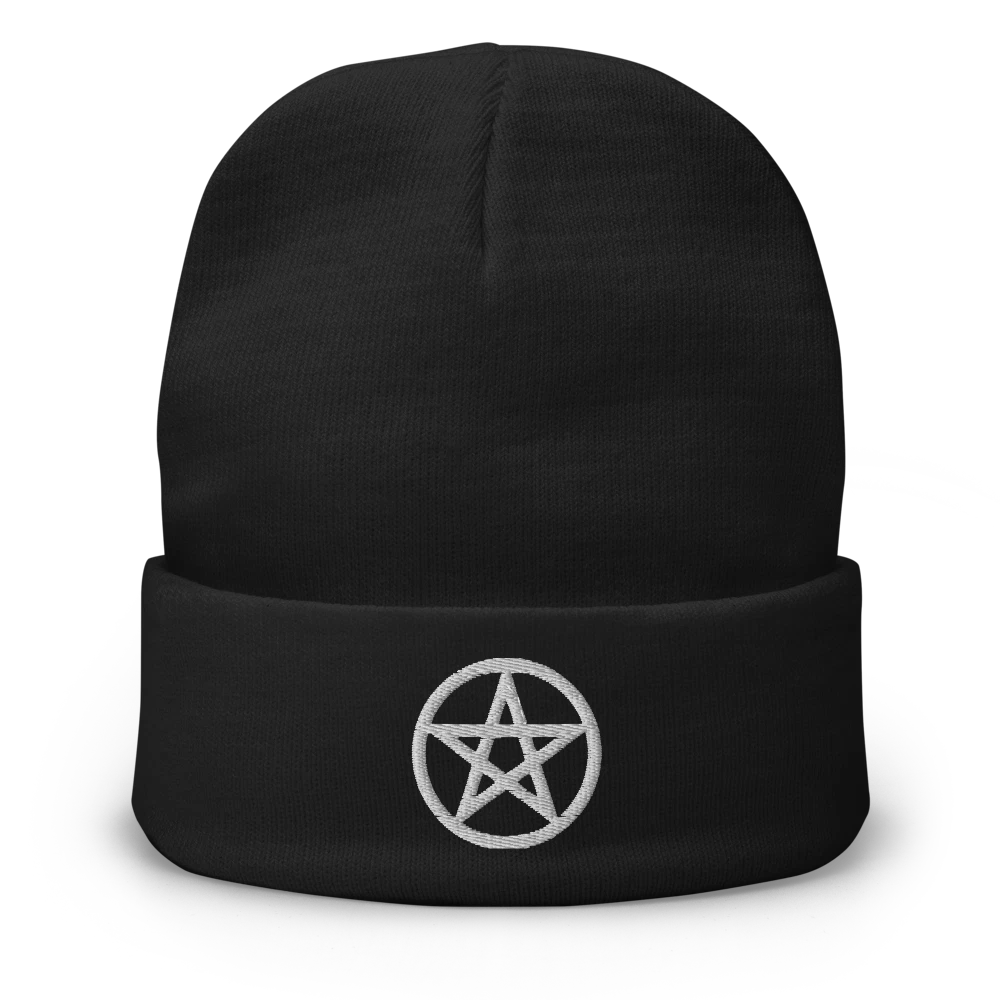 Pentagram Symbol Embroidered Knit Beanie Black, Red, Navy, or Green Wiccan Goth