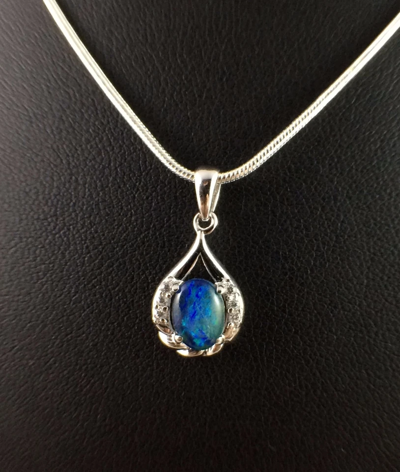 Ciondolo collana opale tripletta originale con zirconi placca in oro bianco 1... - Immagine 3 di 4