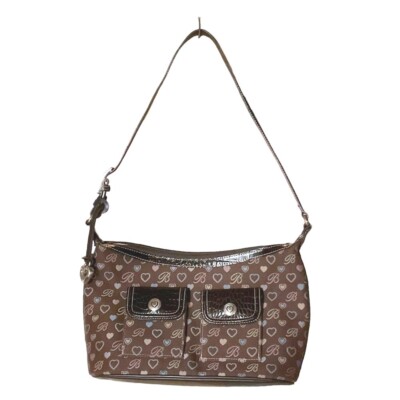 Brighton Satchel Purse Hearts Brown Jacquard Fabric Leather Moc Croc Trim