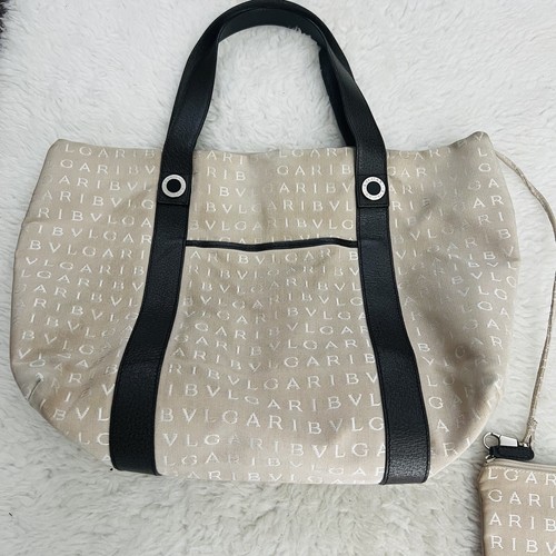 BVLGARI Logomania Canvas Beige/Brown Leather Handles Tote Bag w/ Pouch - Picture 4 of 24