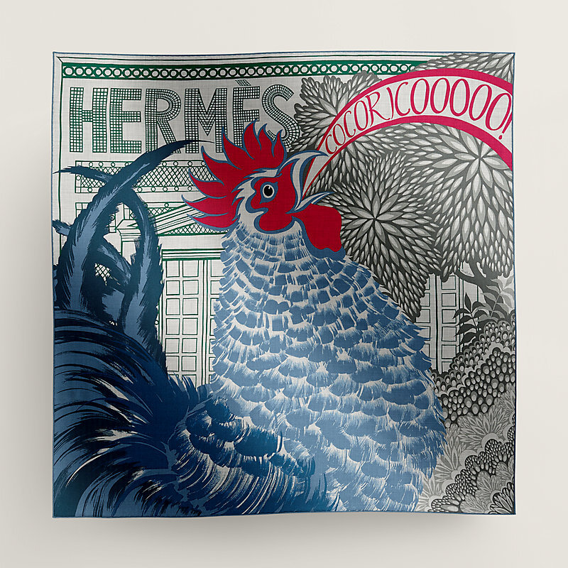 エルメス　カシミヤシルク100　ココリコー！ Auth Hermes Scarf Stole Cocoricooooo ! Green Alice Cashmere Silk
