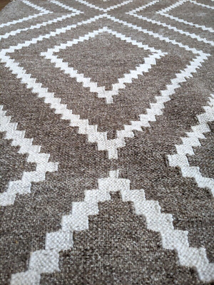 Großer 305x244cm Geometrischer Natur Beige Weiß 100% Wolle KELIM Indischer Teppich Carpet