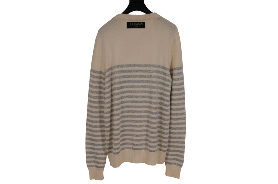 Balmain Glitter Stripped Sweater Large Cream Silver Wool Viscose Shoulder Button - Image 2 of 4
