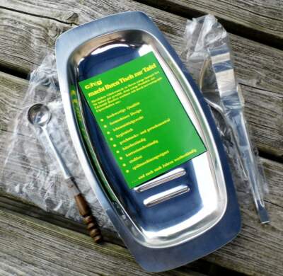 Spargelset aus Edelstahl Schale, Spargelzange, Löffel