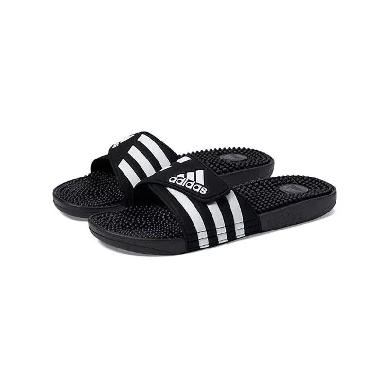 Adidas Adissage Slides Taglia 7 M 8 W Nero Bianco Strisce Massaggio Spille Nuove con scatola