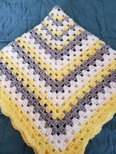DLZ lemon, grey white hand crochet baby blanket / throw 80x80cms 31.5x31.5"