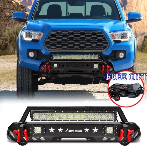 For 2016-2023 Toyota Tacoma Black Front Bumper Steel w/Winch Plate & LED Lights