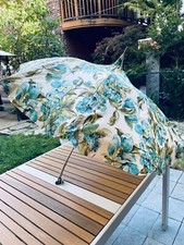 VTG BLUE WHITE FLORAL PRINT ADJUSTABLE CHAIR PAGODA UMBRELLA PARASOL SCREW CLAMP