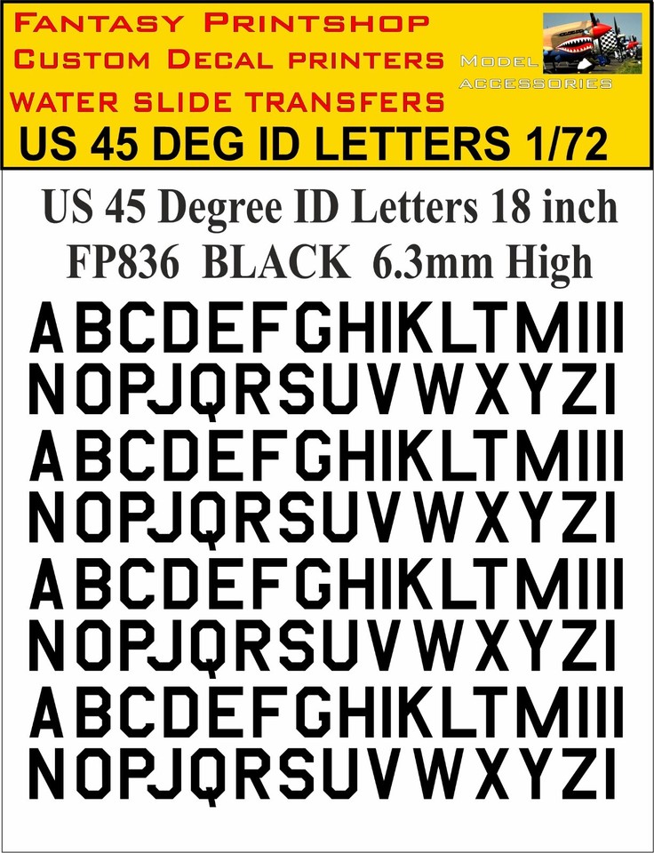 USA 45 DEG ID LETTERS WATER SLIDE TRANSFERS DECALS MODELS KITS PLANES ...