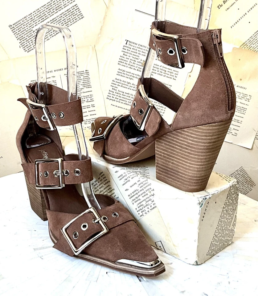 Free People Jeffrey Campbell Hendrix Heels Silver Trim Brown Suede 9 NEW - Image 2 of 4