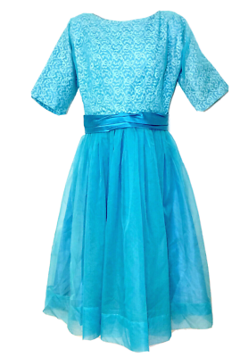 VINTAGE AQUA BLUE LACE ILLUSION DRESS, SATIN WAISTBELT, 1950'S, SMALL