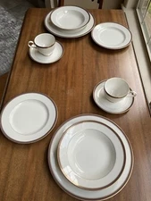 Ashton MIKASA (2) 5 Piece Place Settings Fine China Esquire Burgundy & Gold Trim