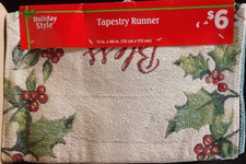 Holiday Style Table Runner Holly Leaves and Berries 13 x 68 Inches NWT