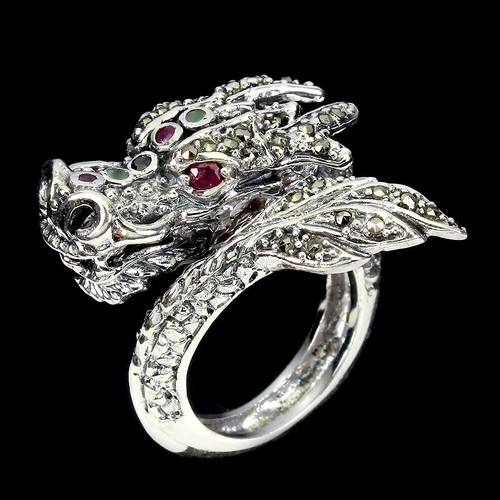 925 Sterling Silver Round Ruby 2.5mm Emerald Marcasite Sapphire Ring 7 - Picture 2 of 10