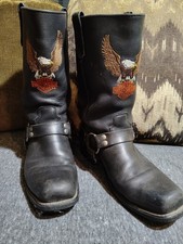 VTG 90s Size 10 Harley Davidson Black Leather Embroidered Eagle Harness Boots