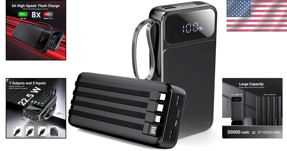 Carregador portátil 50000mAh com cabos embutidos - Carregue 7 dispositivos simultaneamente - Imagem 2 de 4