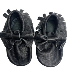 Toddler Leather Moccasins Shoes Black Fringe Elastic Tie Cute Soft Ox Moccs 5.5