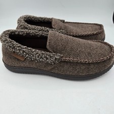 Dearfoams Men Herringbone Tweed Lined Slip On Moc Toe Slippers Brown M 9-10 NEW