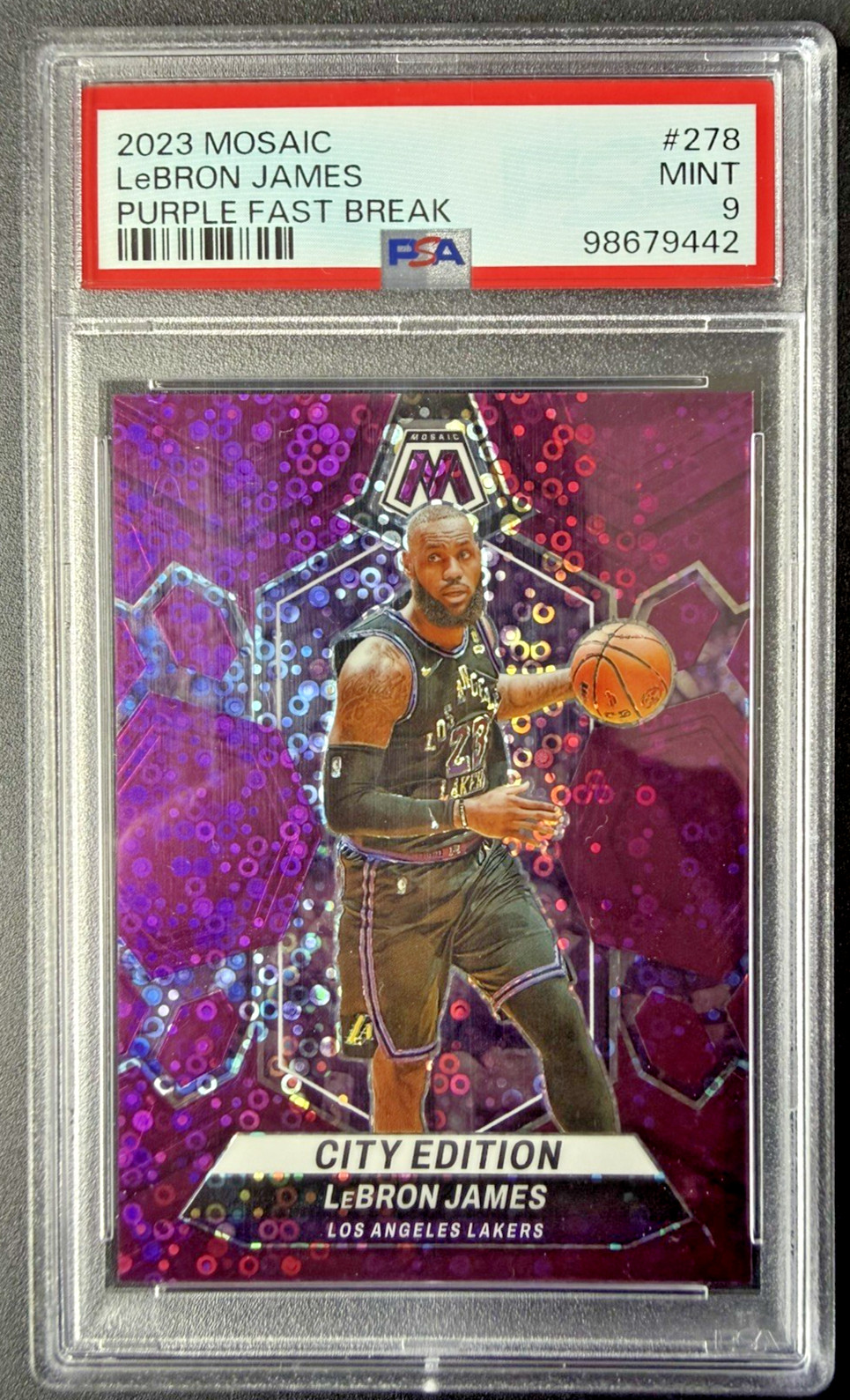 2023 PANINI MOSAIC #278 LeBRON JAMES PURPLE FAST BREAK /50 PSA 9 MINT