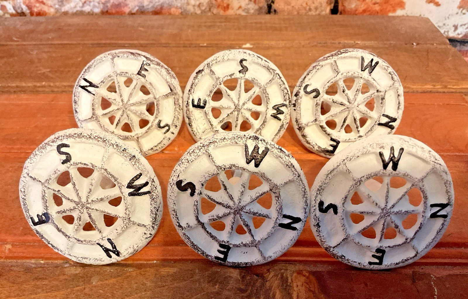 Set of 6 Distressed White Cast Iron Compass Rose Drawer Pulls...Ships Free!