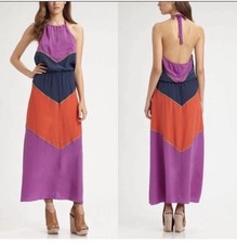 Azria BCBG Max Dee Silk Halter Maxi Dress Womens Medium Color Block Preppy