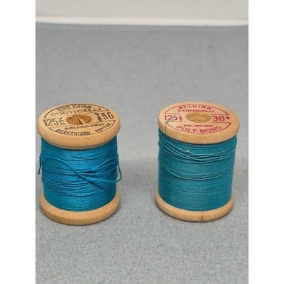Vintage Belding Corticelli Sewing Thread Wooden Spools Turquoise Blue 2pc Set