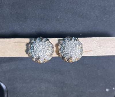 50s JOMAZ Signed 1  Round Gold Tone Rhinestone Leaf Leaves Clip Earrings Vintage