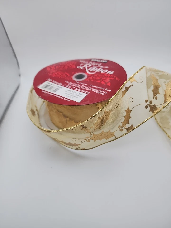 Kirkland Wire Edge Ribbon Lot 2 Rolls Gold Stripe & Holly ~50 Yds Total Crafts - Image 2 of 4