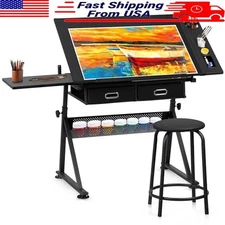Adjustable Drafting Table W/ Stool Tilted Work Surface Storage Drawers Black New