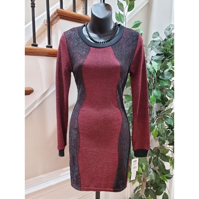 Three Pink Hearts Women's Maroon Round Neck Long Sleeve Knee Length Dress Size S